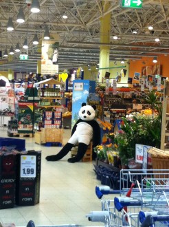 Innenansicht eines Supermarkts mit erschöpftem Plüsch-Panda